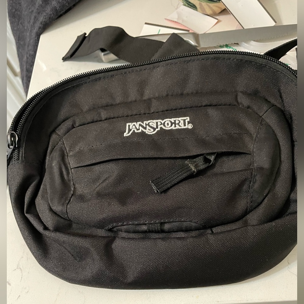 Jansport Black Zip Close nylon Fanny pack padded mesh back 2 Divider pockets